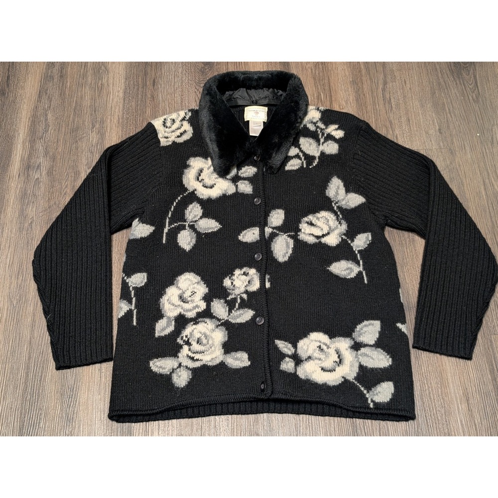 Susan Bristol Black Floral Rose Cardigan Sweater Faux Fur Collar Womens Size‎ L